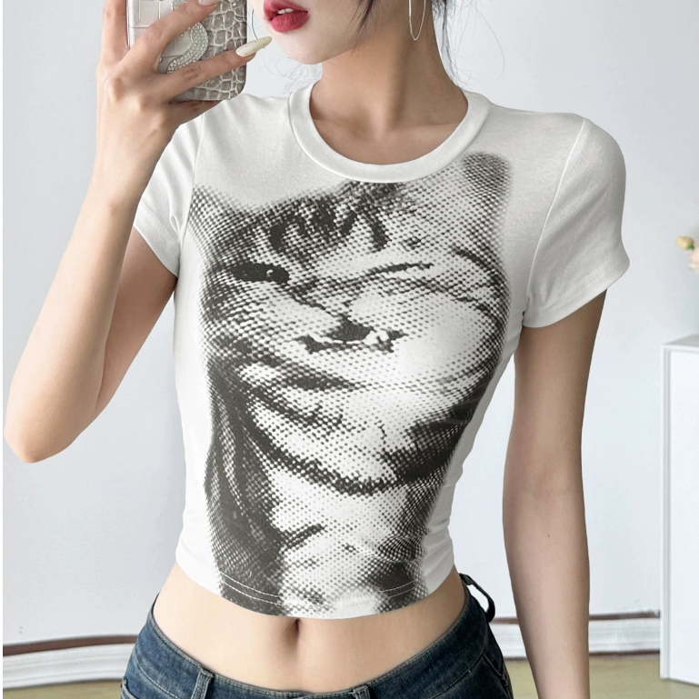Camiseta Básica Feminina Branca Com Gola Redonda E Manga Curta Y2K Harajuku Estampa Animal em Oferta na Shopee