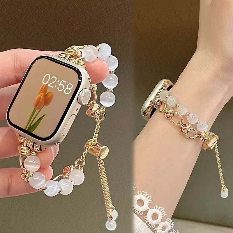 Pulseira de Pérolas com Fivela de Metal Ajustável para Smartwatch 44mm 40mm 42mm Estilo Elegante