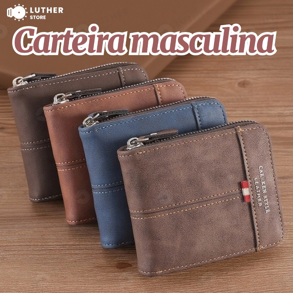 Novo Estilo Carteira de Couro Multifuncional com Zíper e Porta-Cartões de Identidade em Oferta na Shopee