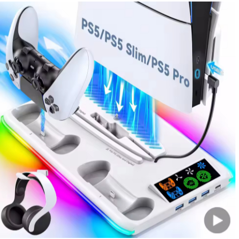 Suporte PS5 com 2 Ventoinhas, Estação de Carregamento Rápido para 2 Controles, Base Vertical para PS5/PS5 Slim/Pro