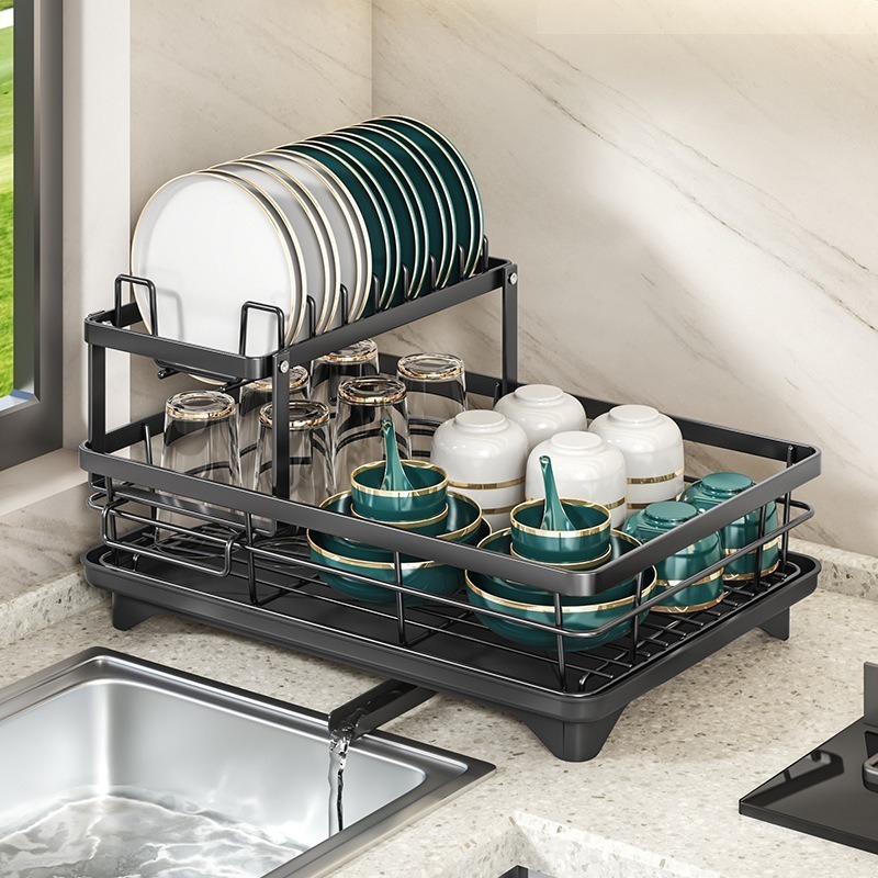 HAOSIN Escorredor De Pratos De Aço Carbono 2 Em 1 Com Organizador Preto , 2 Camadas E Ralo Ajustável