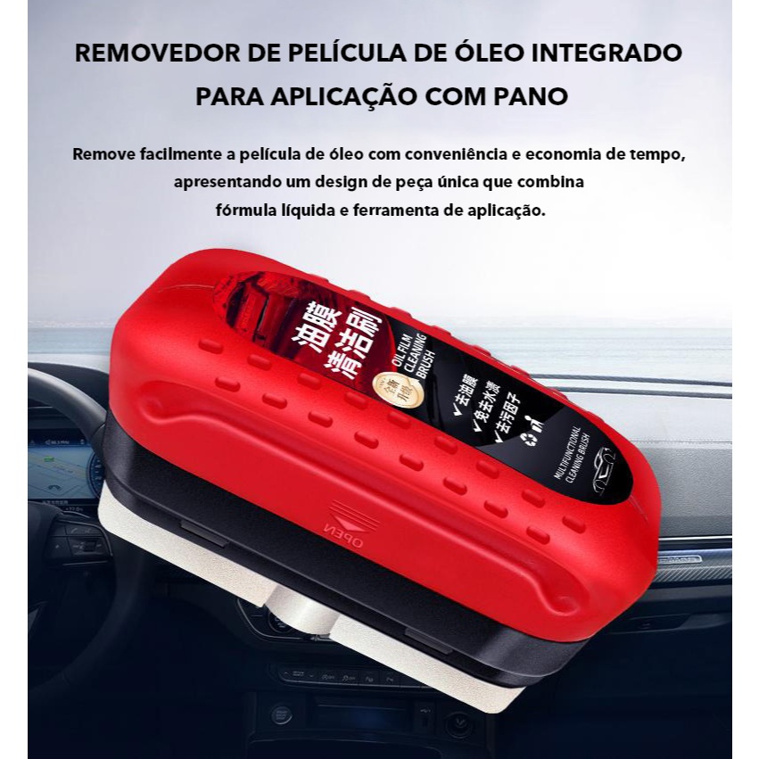 Escova Forte para Limpeza de Filme Oleoso em Vidros de Carro 120ml Remove Sujeira do Para-brisa Laterais e Retrovisor
