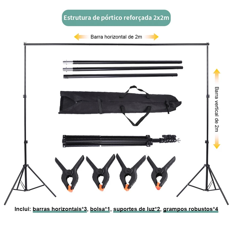 Suporte de fundo infinito 2*2m + 4 clipes fortes + 3 barras transversais + 2 suportes de luz + 1 bolsa