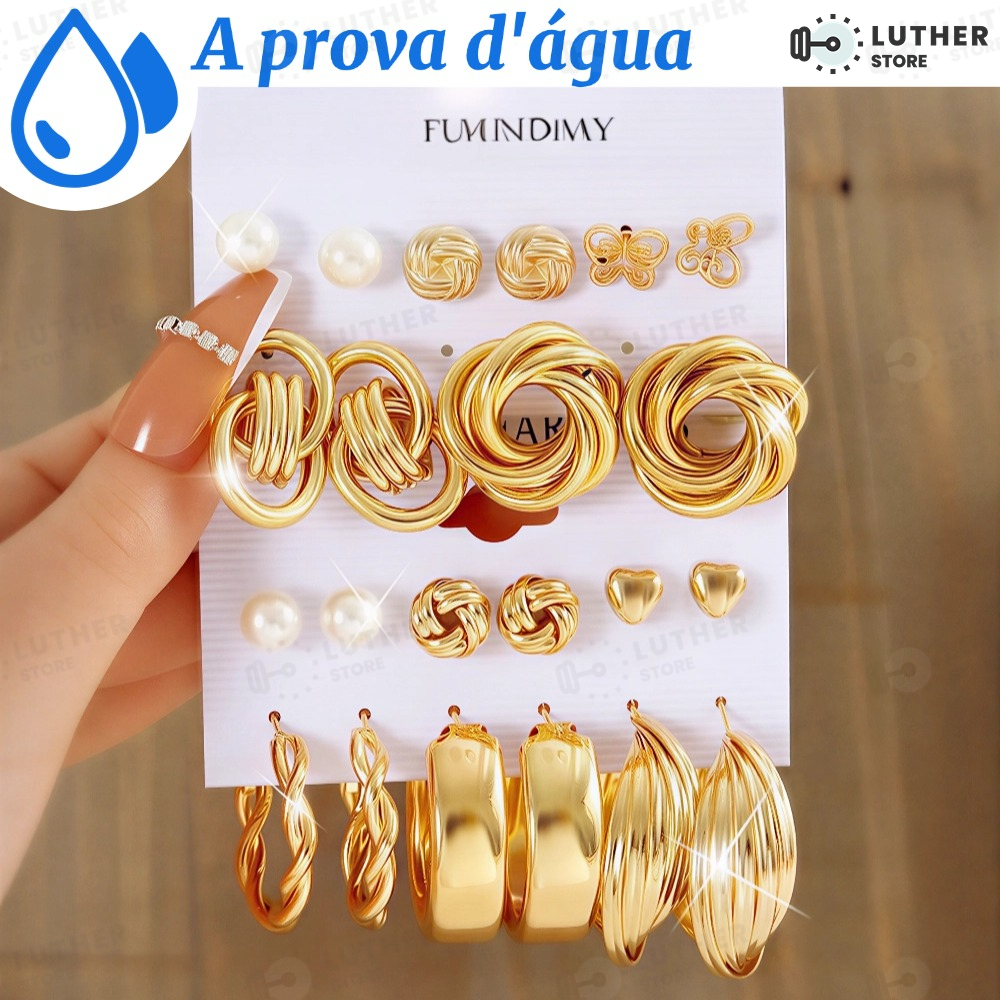 Kit de Brincos Dourados Aprova d'Água - Conjunto com Pérolas e Diversos Modelos em Oferta na Shopee