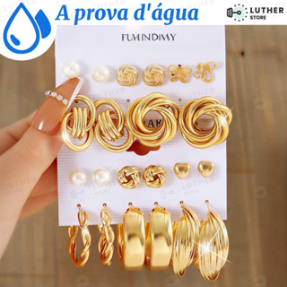 Kit de Brincos Dourados Aprova d'Água - Conjunto com Pérolas e Diversos Modelos em Oferta na Shopee