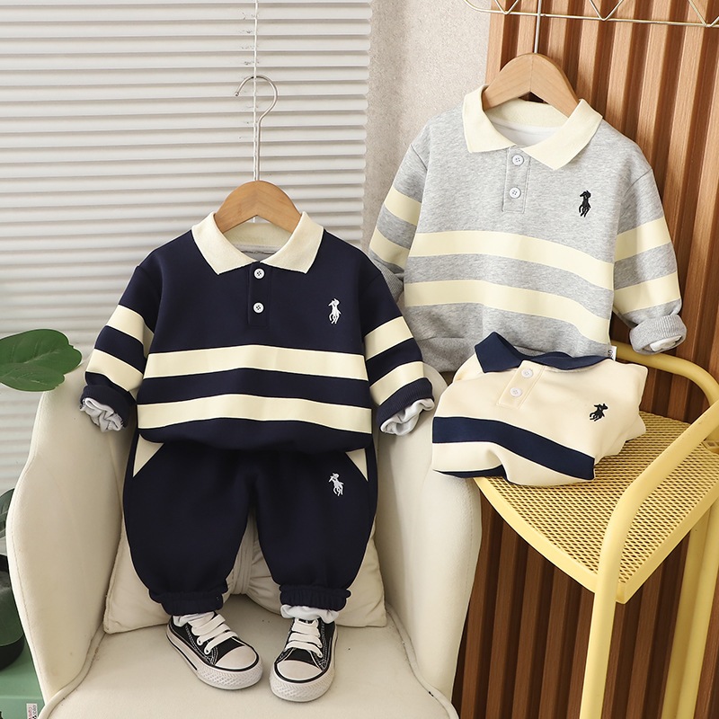 Primavera Outono Bebê Meninos Listra Camisa Polo Bordado Lapela Crianças Define Mangas Compridas Topo + Calças 2 Pçs Rou