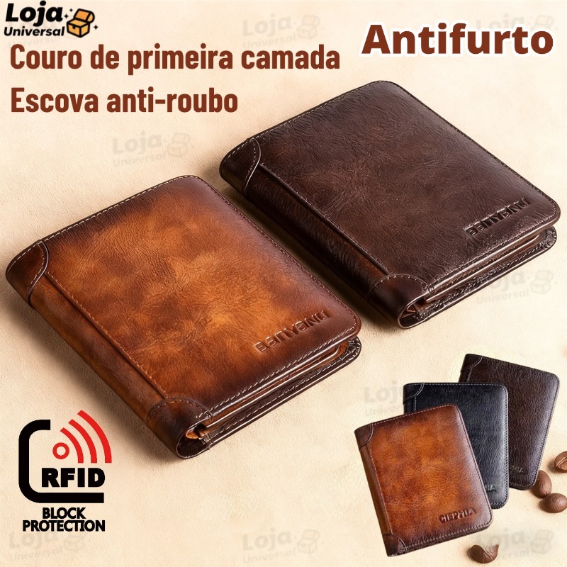 Carteira Antifurto Masculina De Couro Legítimo Vintage De Trifold E Bifold À Escolha-LU