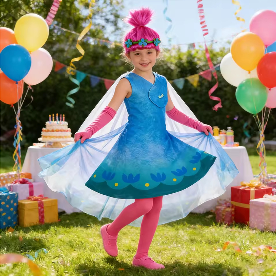 Meninas Papoula Vestido Cosplay Traje Carnaval Trolls E Peruca Do Bebê Crianças Princesa Festa Para Terno
