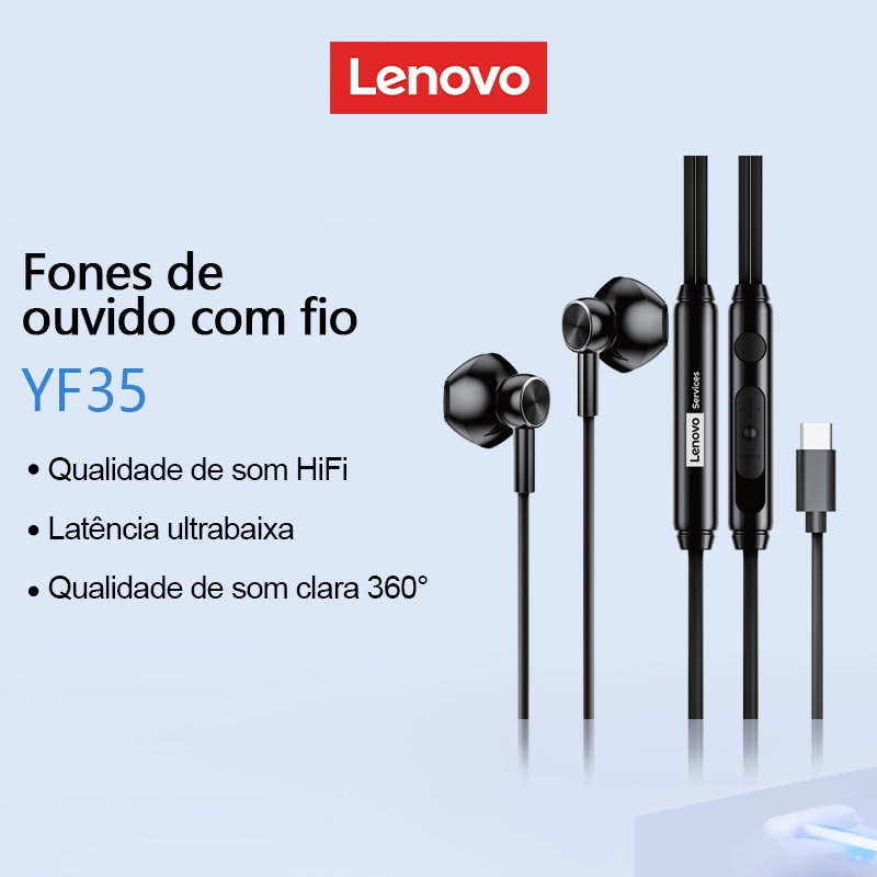 Lenovo YF35 Fones De Ouvido Com Fio HIFI Grade Som Surround Microfone Cancelamento De Ruído Sincronização Audiovisual