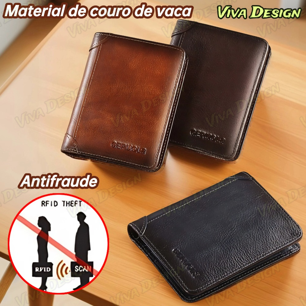 Carteira Antifurto Masculina De Couro Legítimo Vintage De Trifold E Bifold À Escolha