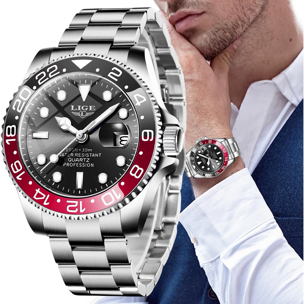 Relógio masculino LIGE de aço inoxidável negócios à prova d'água relógio unissex + caixa original