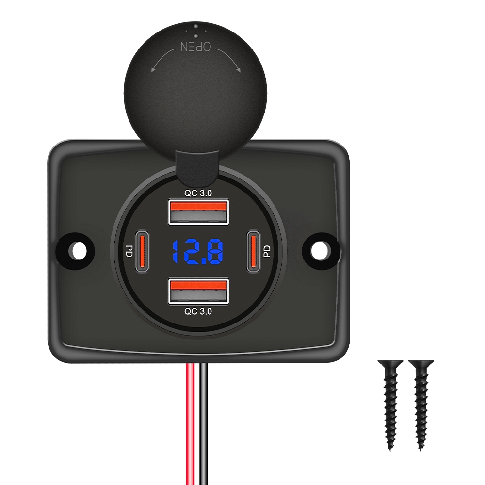 Carregador Rápido Universal Para Carro , 12V-24V , 4 Portas , USB + Tipo C PD/QC3.0 , Motocicleta , Caminhão Com Display