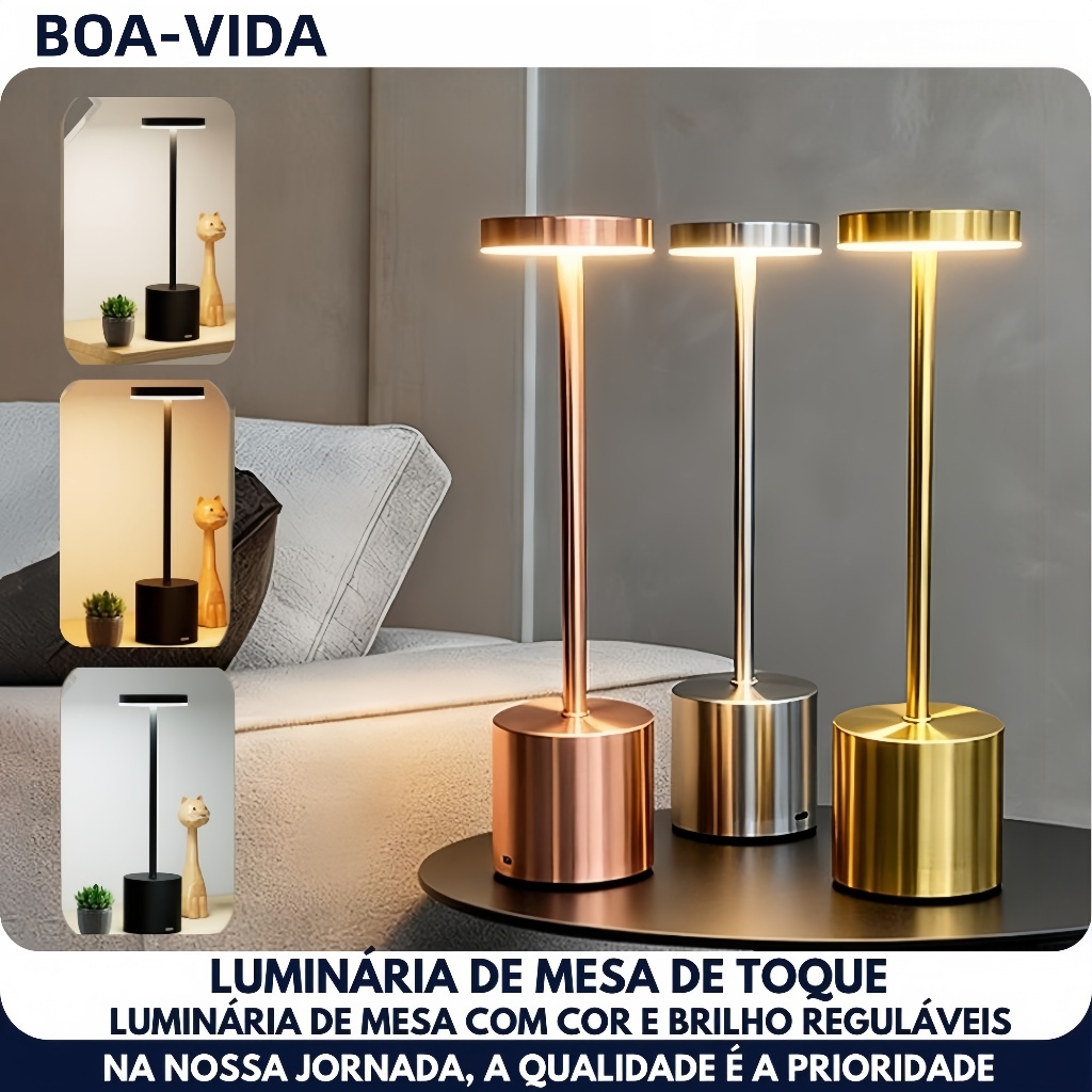 Luminária de Mesa Abajur Cabeceira Escrivaninha LED 3 em 1 Recarregável Tipo C Preto Cromado Dourado