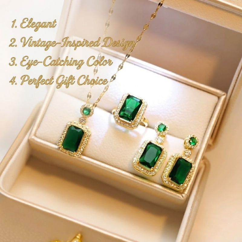 Conjunto De Joias Retrô Esmeralda De Três Peças , Anel , Brinco , Pingente , Presente De Aniversário De Natal
