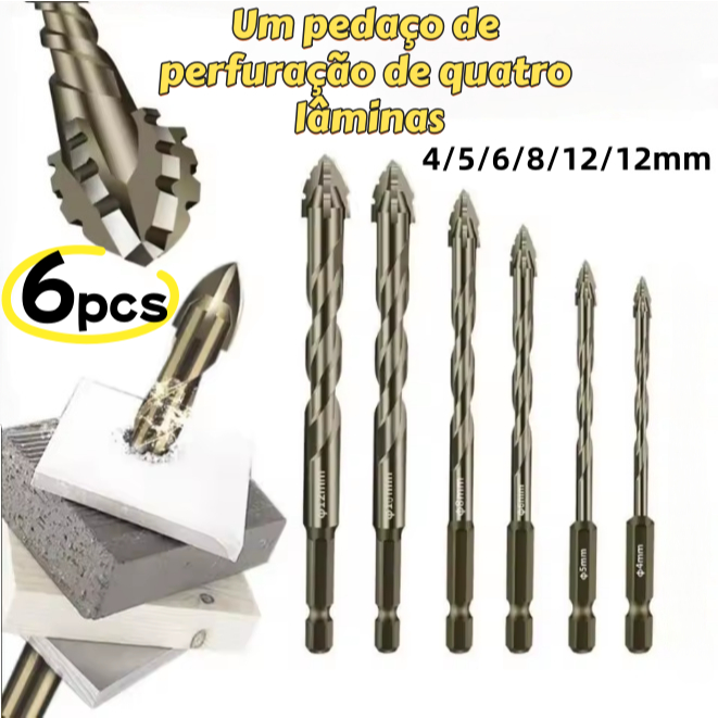 Kit 6 Brocas Serrilhadas Aço Titânio Alta Performance Universal para Furadeira e Parafusadeira