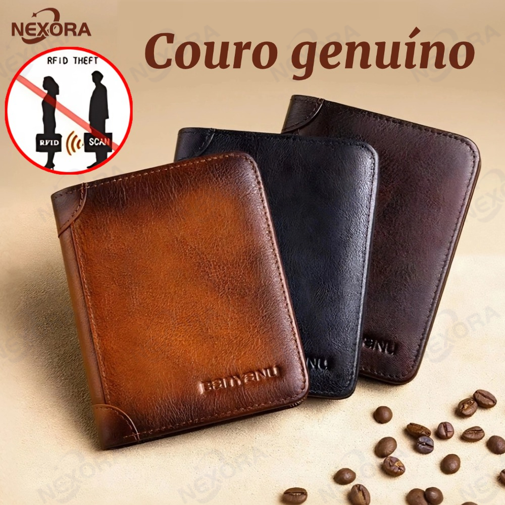 Carteira Antifurto Masculina De Couro Legítimo Vintage De Trifold E Bifold À Escolha Couro bovino de flor integral