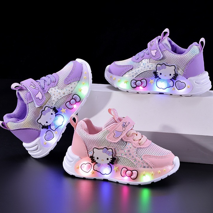 2026 Novo Estilo tênis infantis Hello Kitty estudantes casuais sapatos de placa alta meninas sapatos de bebê LED sapatos