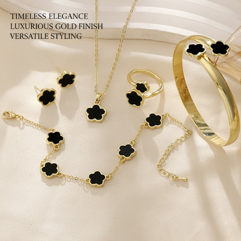 Colar Coreano De Cinco Flores 5 Peças Conjunto De Joias De Ouro Presente De Natal Para Amigos