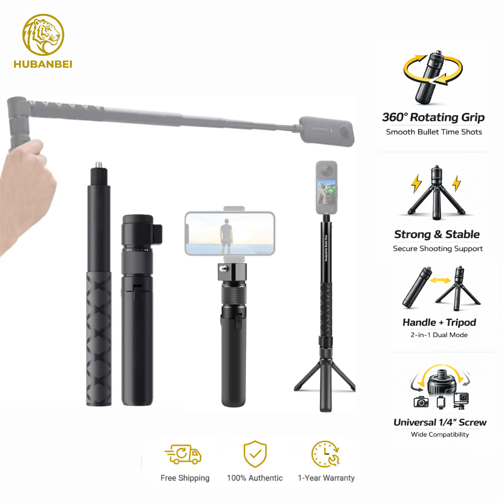 Handle Tripé Bullet Time com Rotação 360° para Insta360 X5/X4/X3, DJI OSMO Pocket 3, GoPro – Grip Giratório, Rosca 1/4",