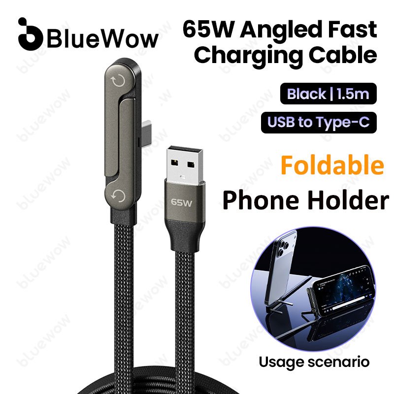 BlueWow 65W USB A Para Tipo C Cotovelo Suporte Cabo De Carregamento Rápido + Dados De Telefone Horizontal Ou Vertical