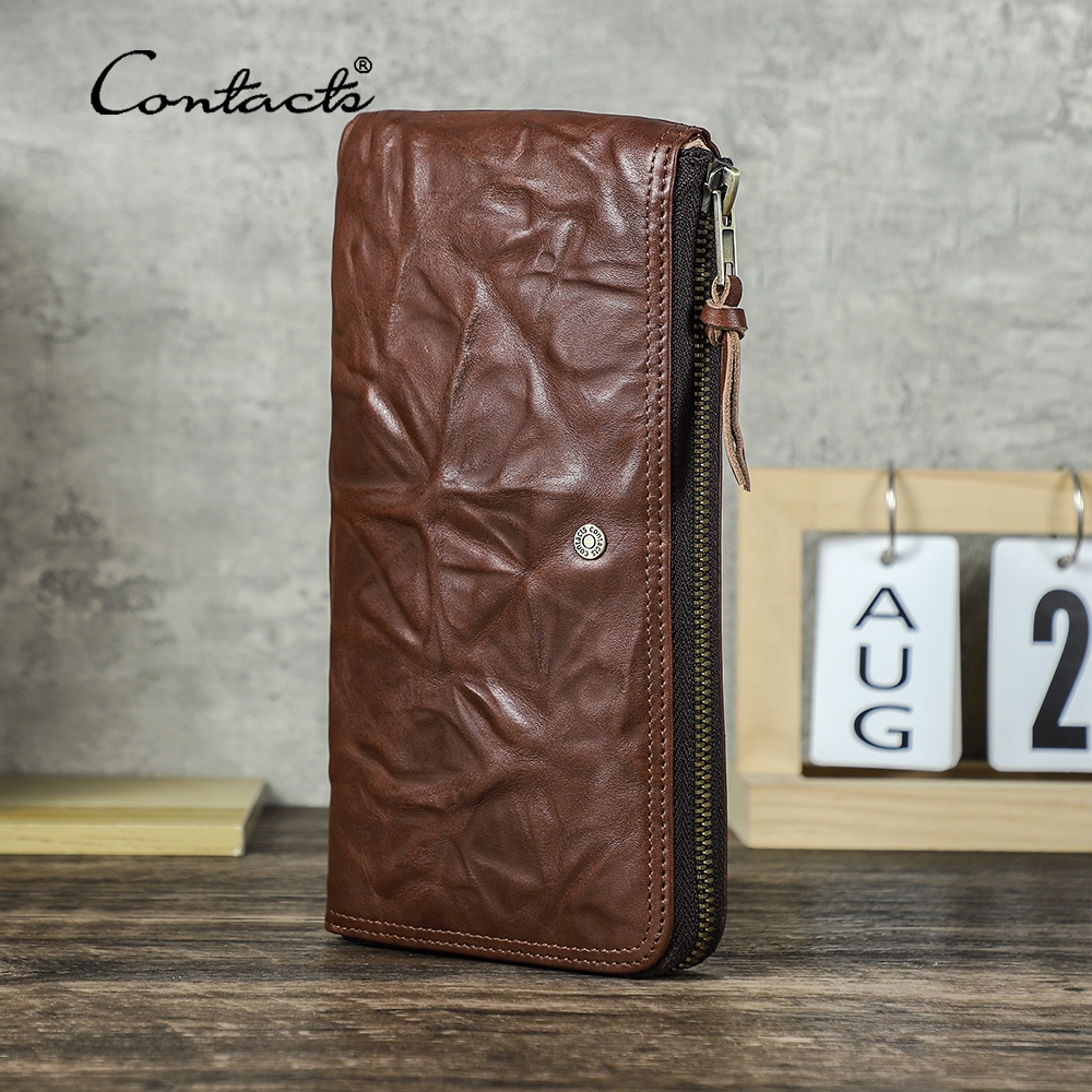 Carteira Longa Masculina De Couro Genuíno CONTACT'S Retrô Com Zíper Embreagem Porta Cartão De Bloqueio RFID 6.9 " Bolsa