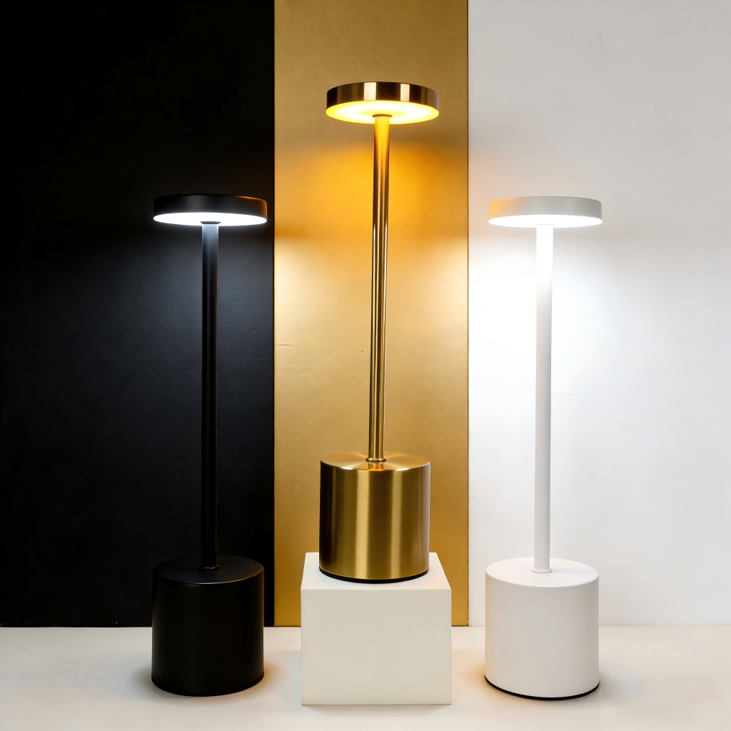 Luminária de Mesa LED 3 em 1 Recarregável Tipo C Abajur Para Cabeceira e Escrivaninha Cores Preto Cromado Dourado em Oferta na Shopee