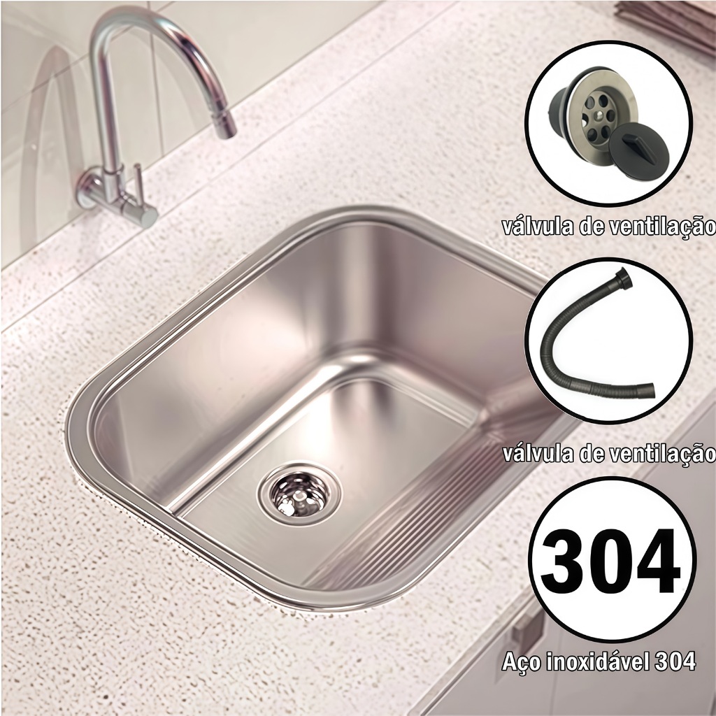 CUBA  Tanque Lavanderia  Válvula Aço 304 Inox COM Kit de esgoto e Torneira Deluxe 55/45x45*21 CM