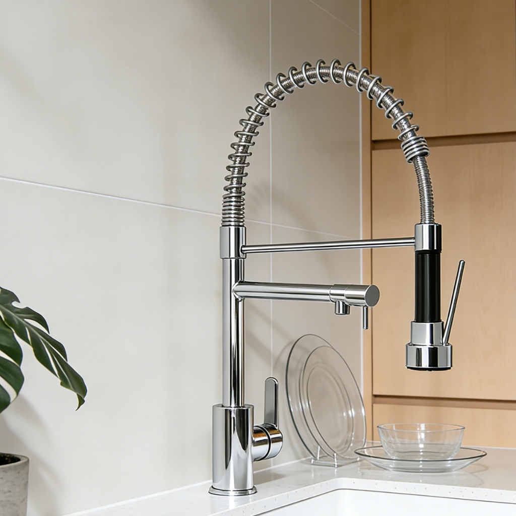 Torneira De Cozinha , spray pull-down De Alça Única , Mola Para Mistura De Água Quente E Fria .