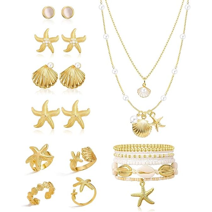 17 Pçs Jóias De Aço Para Mulheres Concha Estrela Do Mar Brincos Anéis Boho Verão Praia Branco Tornozeleira Conjunto