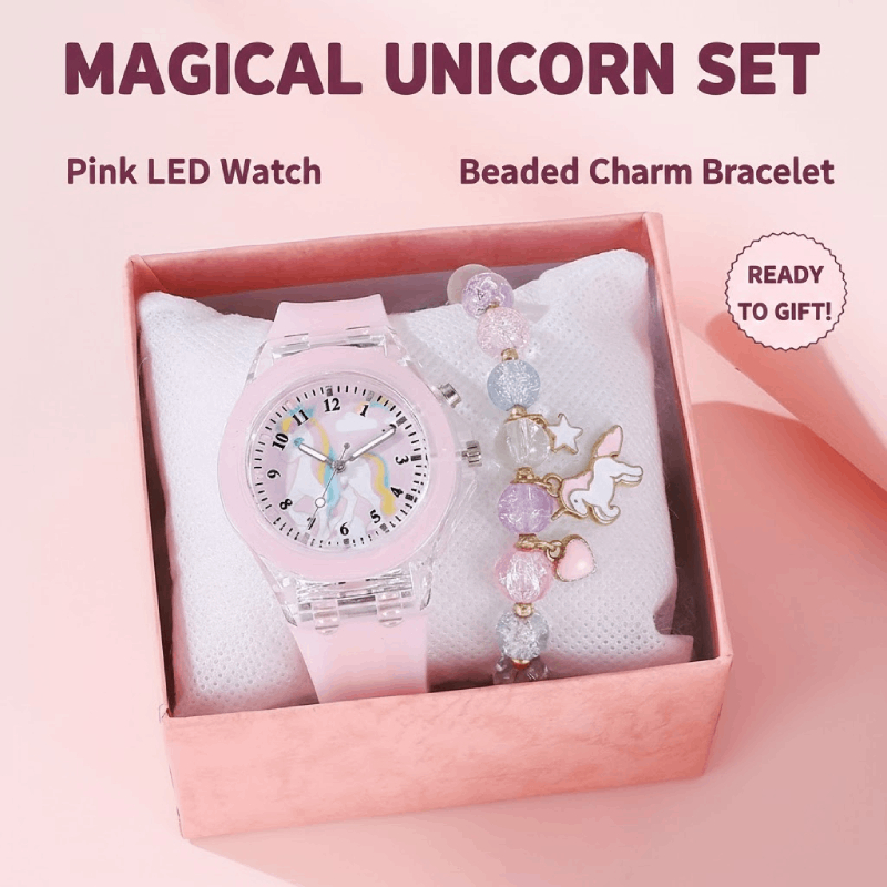 Relógio Infantil Luminoso Desenho Animado Unicórnio Relógios De Quartzo Conjunto De Pulseira Presente Sem Caixa