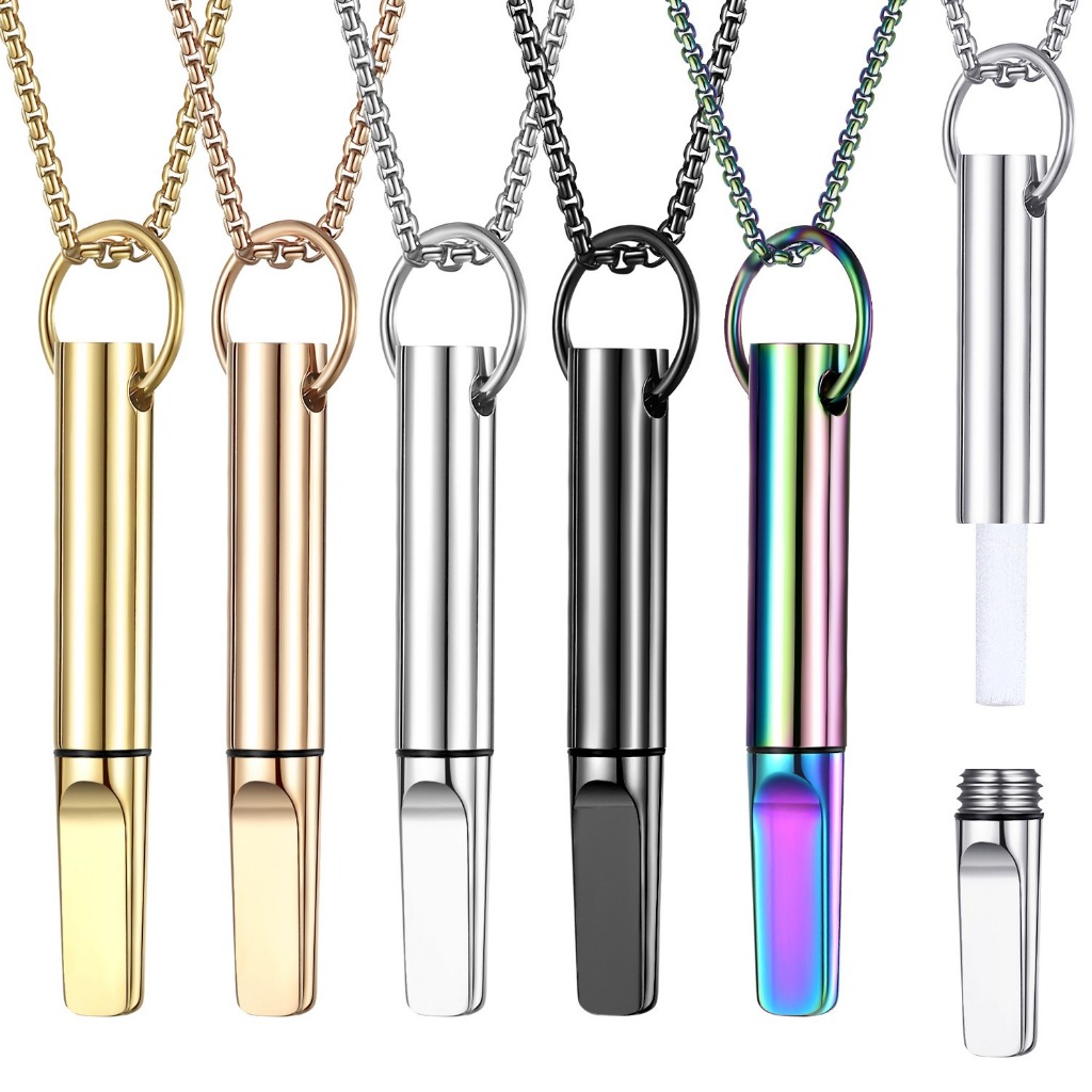 Imagem Colar com pingente de apito de aço inoxidável com frequência de respiração ajustável Design rosqueado Meditação Mindfuln