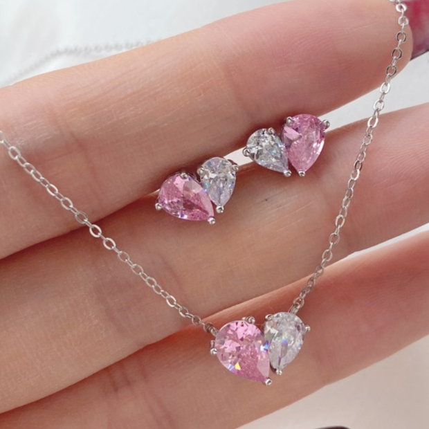 S925 prata moda refinado Dia dos Namorados pulseira | colar | brincos, rosa brilhante presente em forma de coração em Oferta na Shopee