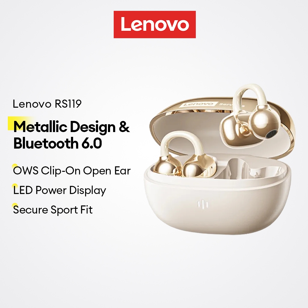 Fone Bluetooth Lenovo RS119 V6.0 Clip Ear OWS Sem Fio Display Digital LED Som HiFi Metálico Esportivo