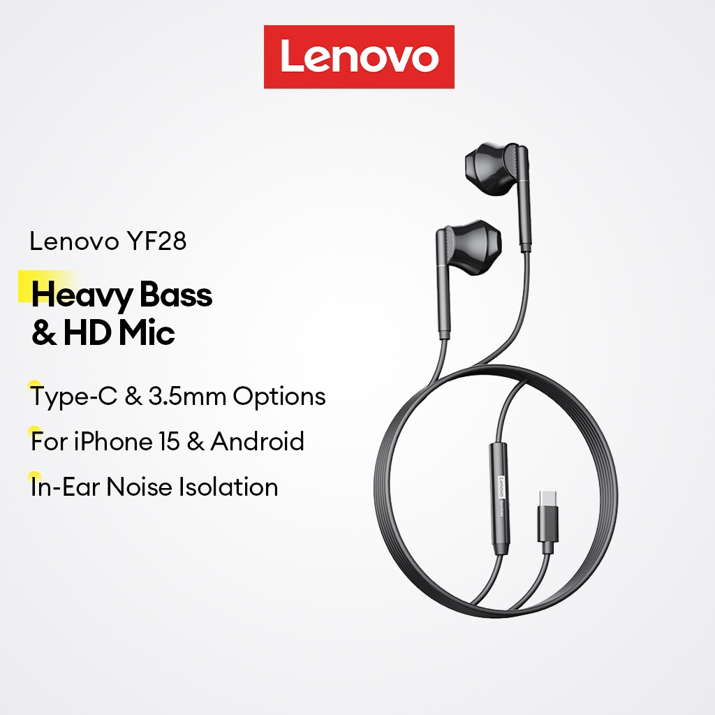 Fone de Ouvido Com Fio Lenovo YF28 In-Ear Bass HiFi Microfone HD Tipo-C 3.5mm Para Celular Jogos