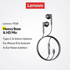 Fone de Ouvido Com Fio Lenovo YF28 In-Ear Bass HiFi Microfone HD Tipo-C 3.5mm Para Celular Jogos