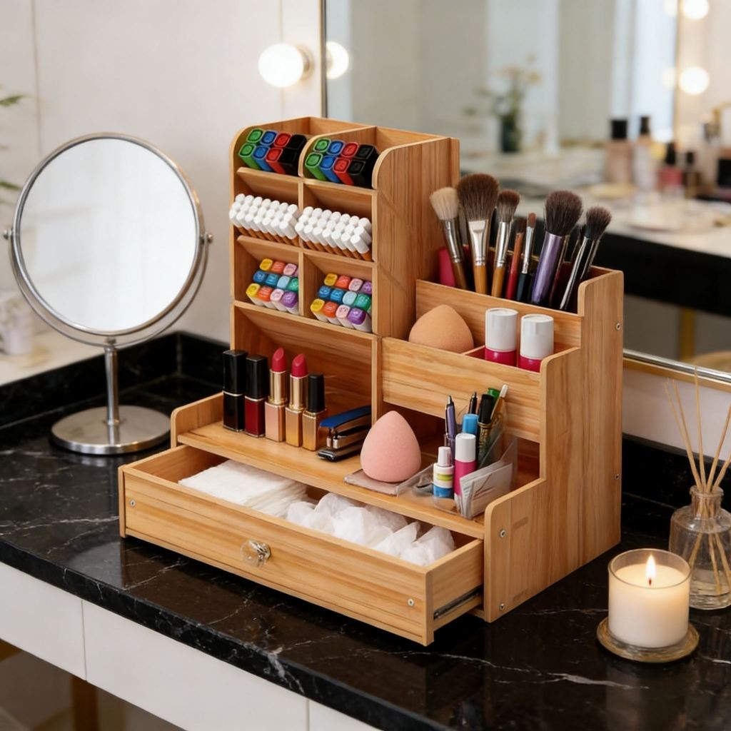 Organizador De Mesa Mdf Escritório Multiuso C/ Gaveta Nicho Canetas