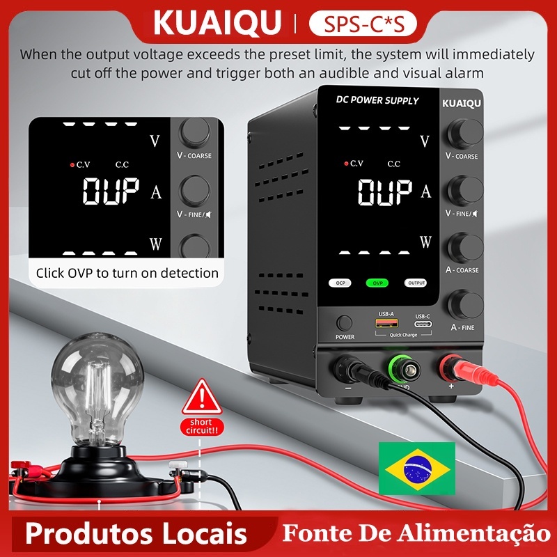 KUAIQU Atualização mais recente 30V 10A Fonte de alimentação de bancada Fonte de alimentação de comutação ajustável OCP