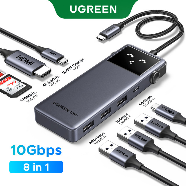 Hub UGREEN Uno 8 Em 1 USB-C-Transferência De Dados De 10 Gbps , Carregamento PD100W Poderoso , HDMI 4K @ 60 Hz , Leitor