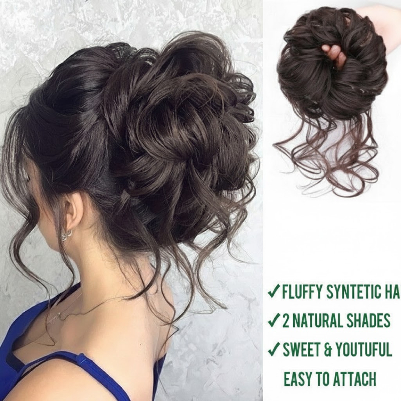 Peruca De Coque Natural Fofa Para Mulheres – Cauda Bagunçada , Botões De Flores , Grampo De Cabelo , Barba Longa E Laço