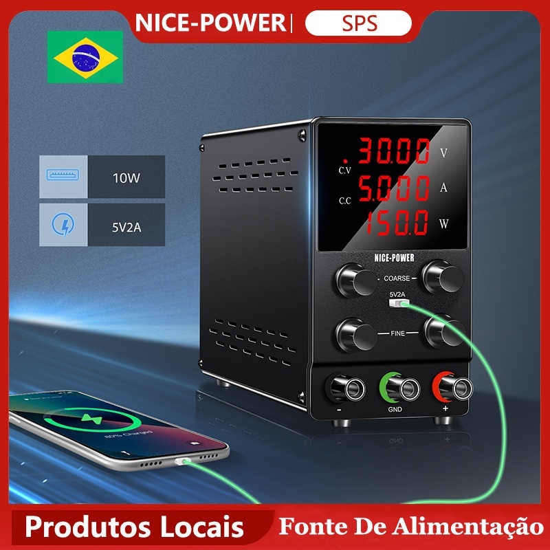 NICE-POWER Fonte de Bancada SPS305 30V 5A 150W Display LED de 4 Dígitos de Alta Precisão 5V/2A USB Port