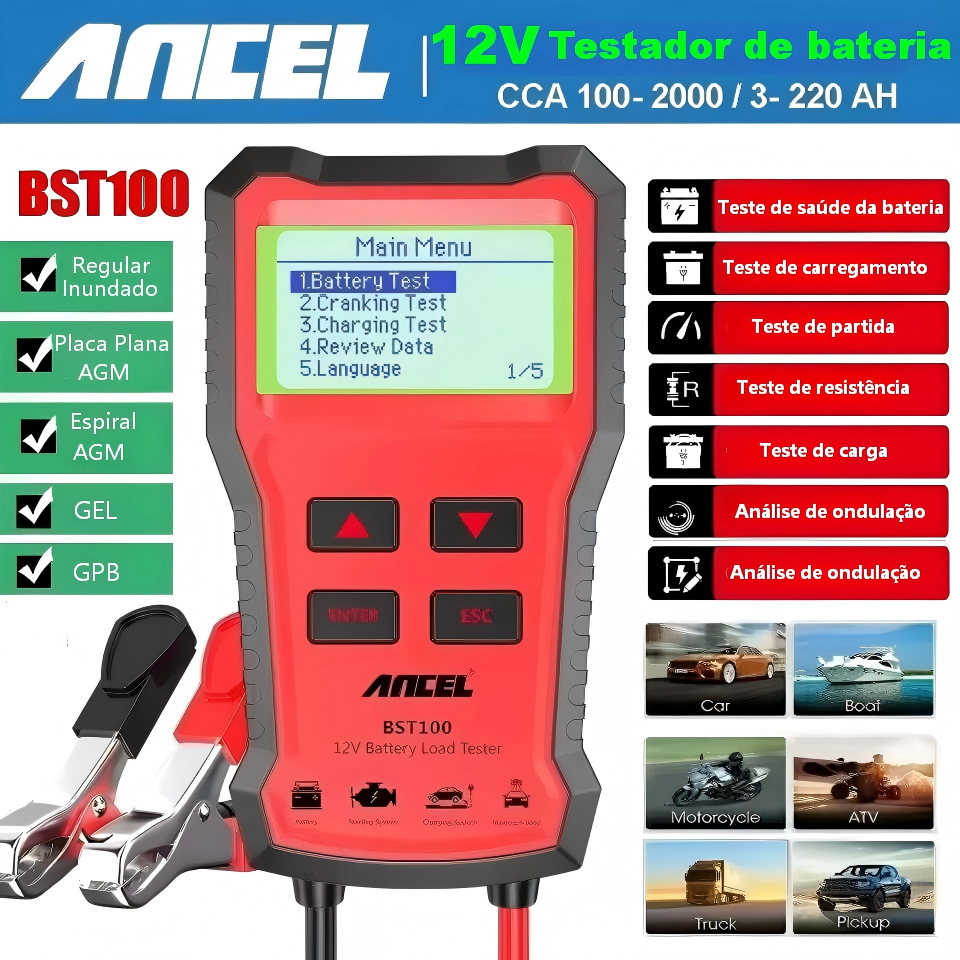 ANCEL BST100 Testador De Bateria De carro 12V Analisador De Multilíngue de Circuito De Carregamento 100-2000CCA Diagnóst