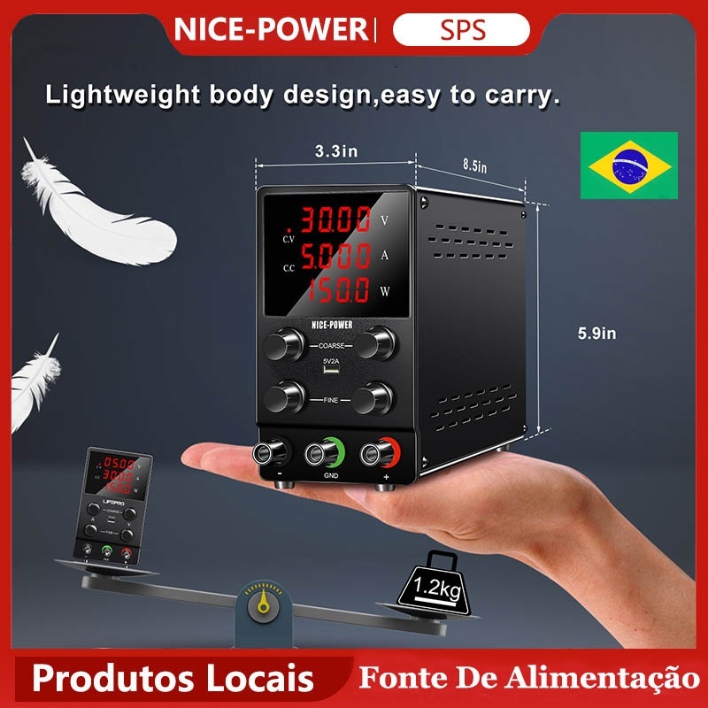 Fonte De Alimentação DC Ajustável Em Laboratório , Carregamento Rápido Com Potenciômetro , De Bancada , display LED De 4
