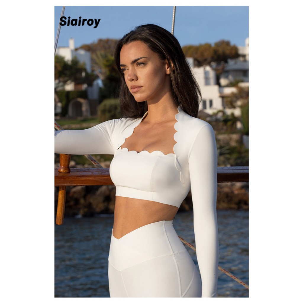 Siairoy Fato de Fitness de manga comprida onda renda corrida Top esportivo Skinny com almofada no peito