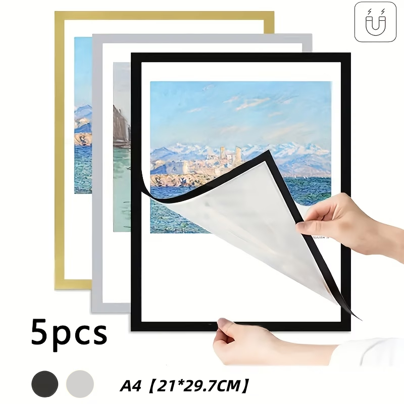 Conjunto 5 Molduras Magnéticas Portáteis A3/A4 Preto/Prata Para Parede e Metal