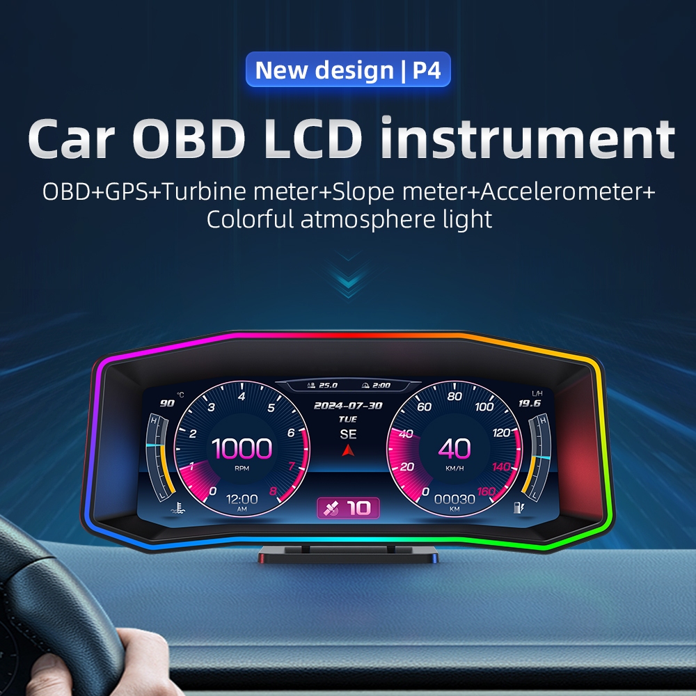 P4 Carro OBD LCD Instrumento + GPS + Medidor De Turbina Inclinado + Acelerador + Luz Atmosfera Colorida