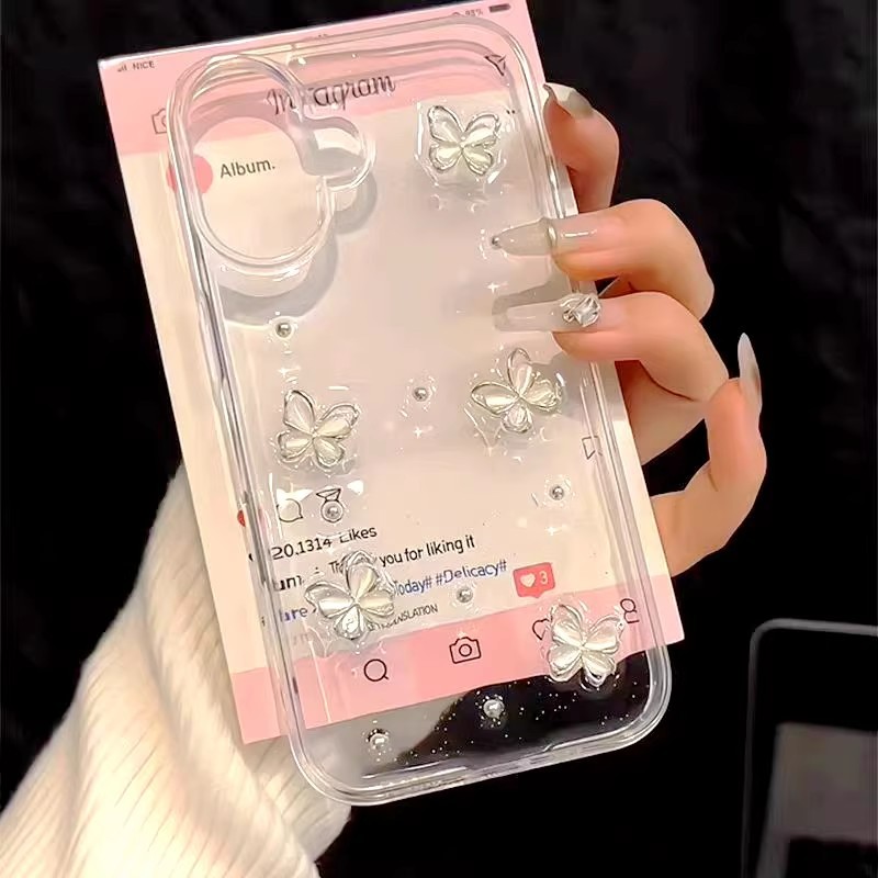 INS Glitter 3D Pérola Borboleta Claro Caso De Telefone Para iPhone 1716 Pro Max 15 14 13 12 11 Plus Bonito Epóxi Macio C