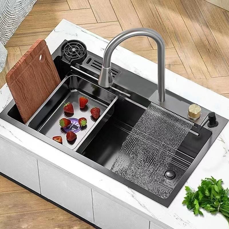 Gourmet Premium Waterfall Sink Cup Faucet Kit completo de pia de cozinha em aço inoxidável/ torneira flexível
