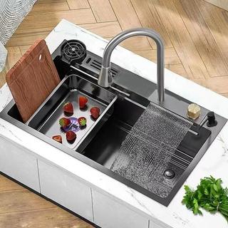 Gourmet Premium Waterfall Sink Cup Faucet Kit completo de pia de cozinha em aço inoxidável/ torneira flexível