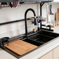 Pia Cozinha Anti Queda Aço Inoxidável Com ABS Multifuncional Saída Cachoeira Preta E Cinza.