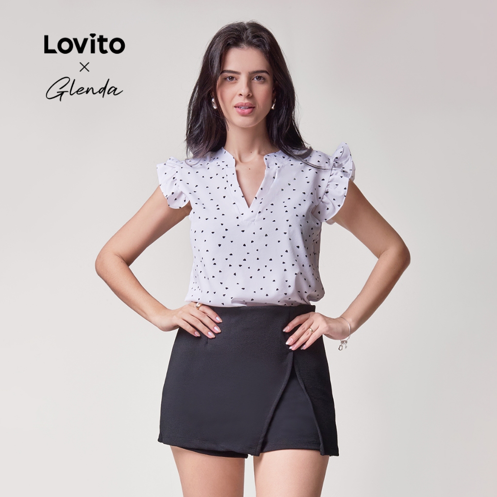 Lovito x Glenda Blusa Gola V Manga Curta com Babados Estampa Coração Feminina L20D1496 em Oferta na Shopee
